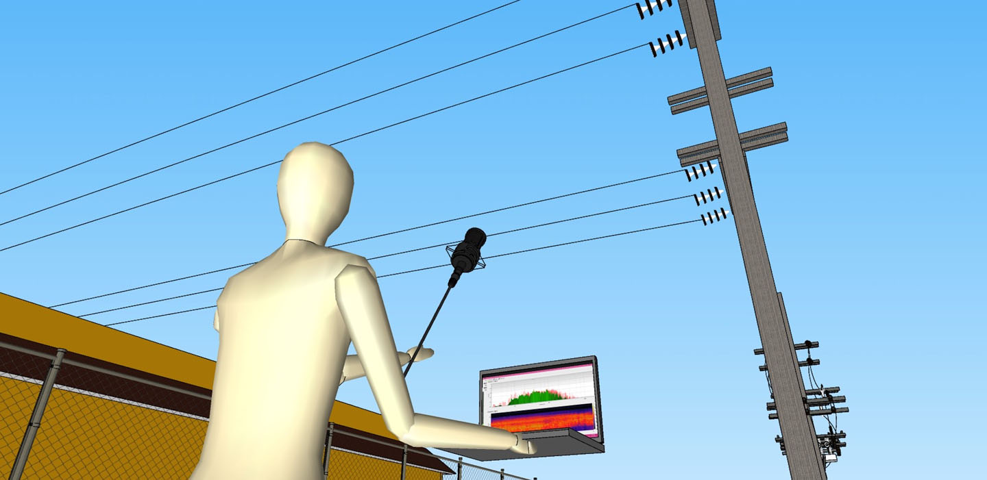 Vit Tall zoom in for a 3D depiction of powerline noise detection and analysis at an electrical substation