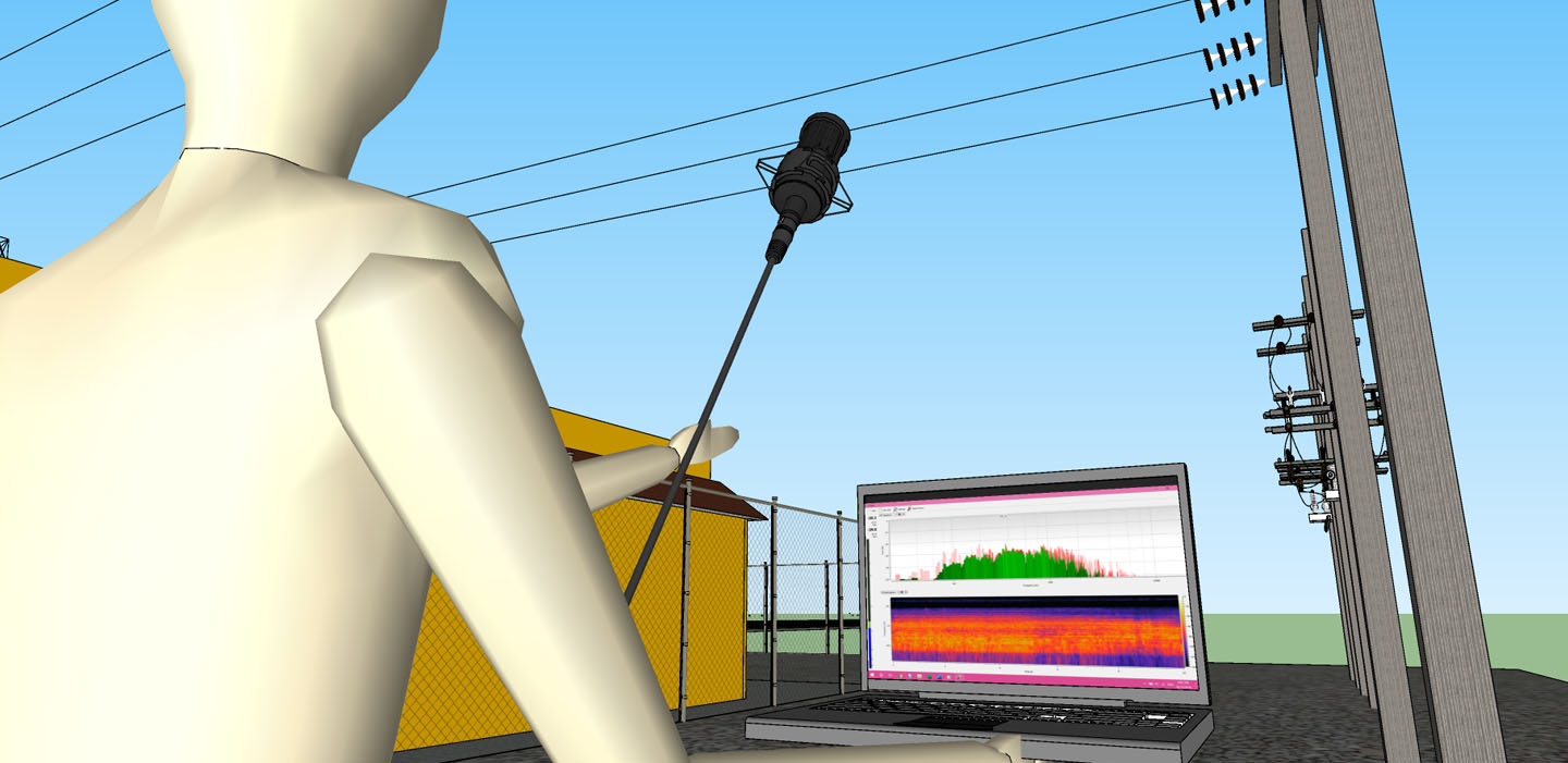 Vit Tall extreme zoom in for a 3D depiction of powerline noise detection and analysis at an electrical substation